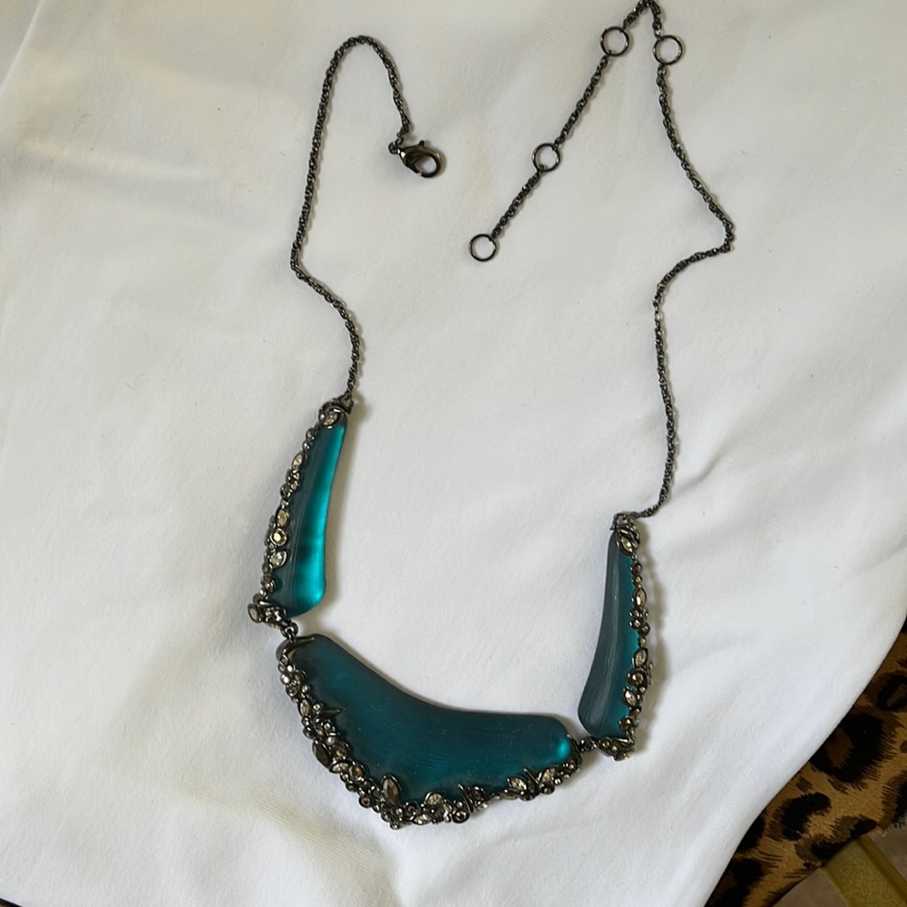 Teal Lucite with gunmetal and natural stone detail necklace